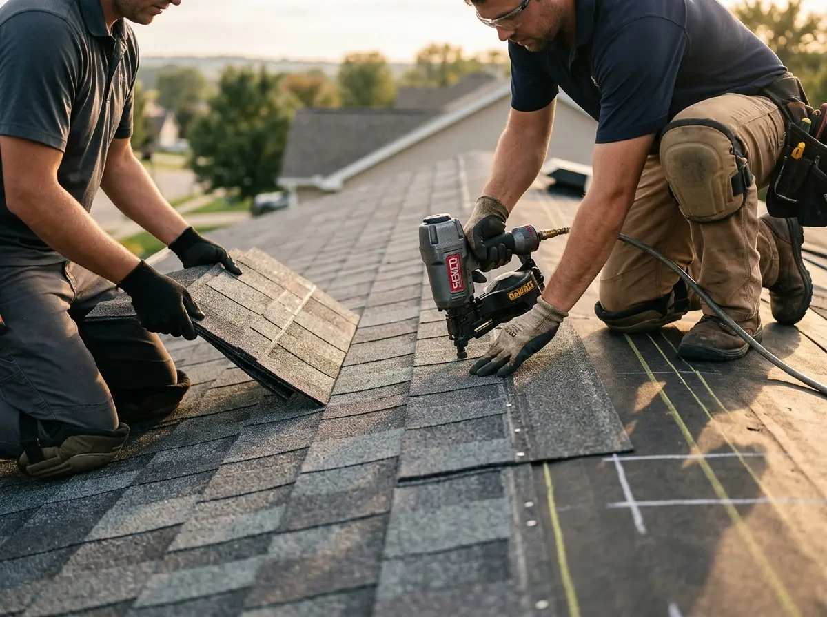 Professional roofer working on a residential roof in Dallas